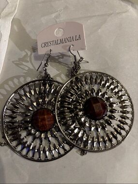 Crystalmania LA Silver Filigree Drop Earrings with Brown Stone